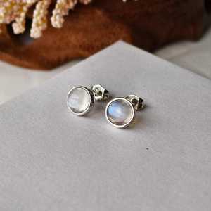 925 Sterling <b>Silver</b> Round Gemstone <b>Stud</b> Earrings Larimar Moonstone Earrings Women Jewelry Christmas Gift For Her - Product Image 4