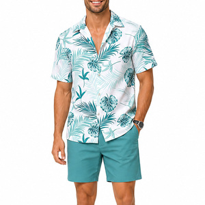 Conjunto de Camisa y Pantalones Cortos con Estampado Tropical para Hombre, Atuendo Casual de Verano, Patrón Floral, Botones, Ropa de Playa, 100% Poliéster, Tejido Satinado - Product Image 3