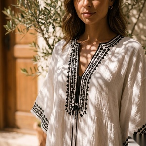 <b>Boho</b> Embroidered Kaftan Mini <b>Dress</b> V-Neck Loose Fit Cap Sleeve Cotton Fiber <b>Summer</b> Casual <b>Dress</b> - Product Image 3