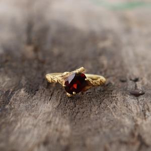Natural <b>Garnet</b> Leaf <b>Ring</b> Simple Handmade Nature Inspired 925 Sterling <b>Silver</b> 14K Gold Plated Gemstone Jewelry - Product Image 1