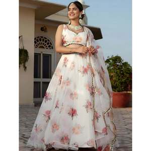 Lehenga Choli en organza blanc magnétique à imprimé floral pour femmes - Product Image 6