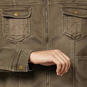 Veste en jean en coton vert olive pour homme, coupe classique, fermeture éclair, style décontracté, couleur unie, poches, détails surpiqués, vêtement d'automne - Product Image 5