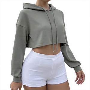 Women's Gray Short Cropped Hoodie Long Sleeve Drop-Shoulder Solid Fleece Breathable Knitted Casual Winter Style Pockets Front - Product Image 2