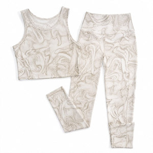 <b>Women</b> 2 Piece Yoga Set Marbled Print High Waist <b>Leggings</b> <b>Crop</b> Top Racerback Scoop Neck Full Length Spandex Polyester - Product Image 1