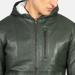 Chaqueta de Cuero Verde con Capucha para Hombre, Cierre de Cremallera, Corte Ajustado, Estilo Motero, para Otoño - Product Image 6