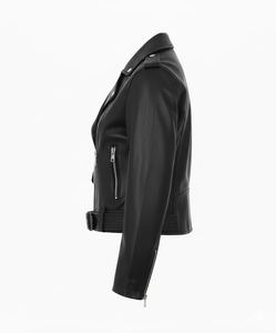 Chaqueta de cuero negra para mujer al por mayor, estilo motero, ajustada, con cremallera, solapa y cinturón, abrigo personalizado con logo para primavera y otoño - Product Image 4