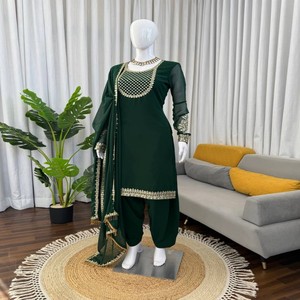 Conjunto de traje Patiala VASTRA COTTAGE de georgette sintético con lentejuelas y bordados, top, pantalón Patiala y dupatta, ropa de fiesta, vestido étnico para mujer - Product Image 5