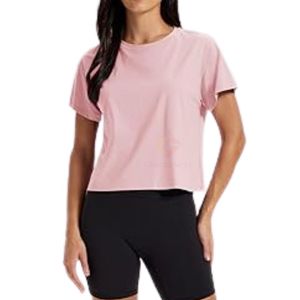 Camiseta Deportiva Corta de Yoga para Mujer, Color Rosa Pálido, Corte Holgado, Alta Elasticidad, Cuello Redondo, Ideal para Running - Product Image 3