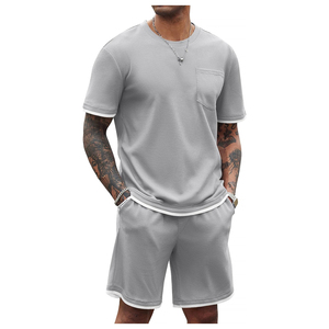 Conjunto de Camiseta y Pantalones Cortos de Punto Waffle de Color Sólido para Hombre, Cuello Redondo, Ropa Casual de Verano, Algodón Transpirable 2026 - Product Image 6