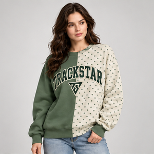 Sweat-shirt surdimensionné vert beige à pois fendus pour femme, col rond, épaules tombantes, manches longues, imprimé, pull personnalisé, vente en gros OEM - Product Image 3