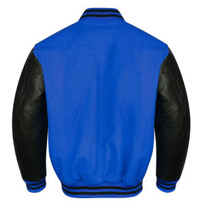 Men's Blue Varsity <b>Jacket</b> With Black PU Sleeves Stand Collar Casual Autumn Wear Regular Fit Button Closure - Product Image 3