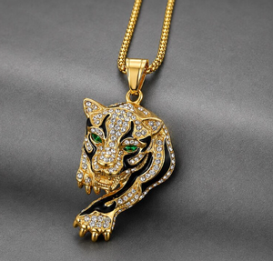 Collier pendentif tête de tigre plaqué or avec strass et zircon, chaîne à maillons, bijoux de mode hip-hop pour hommes, idéal pour les soirées - Product Image 3