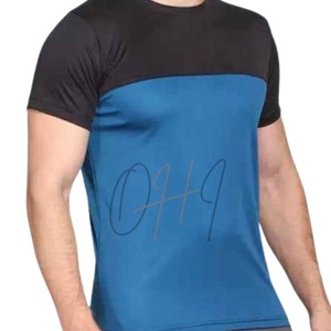 T-shirt à manches courtes pour homme, bleu et noir, à blocs de couleur, col rond, avec motif, séchage rapide, coupe décontractée, longueur normale, tricoté en polyester - Product Image 1