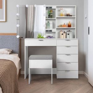 Set Moderno di Toeletta in Legno con 2 Ripiani, 6 Pomelli, 3 Lampadine a Tono Variabile, Finitura in Impiallacciatura Triamine - Bianco - Product Image 2
