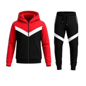 Ensemble de survêtement athlétique rouge et noir pour homme avec veste zippée et pantalon de jogging ajusté, tenue de sport pour la gym et le fitness - Product Image 1