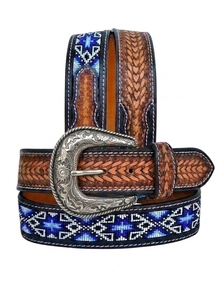 Cinturón Vaquero Occidental Vintage de Cuero Genuino Hecho a Mano, 38mm de Ancho, Longitud Personalizada, Hebilla de Pasador, Alta Resistencia, Duradero, con Incrustaciones de Cuentas Azules - Product Image 5