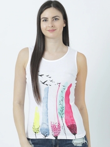 Débardeur blanc sans manches pour femmes, avec imprimé d'arbres et d'oiseaux colorés, col rond, haut décontracté en coton tricoté - Product Image 4
