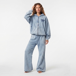 Wholesale Women’s Acid Wash Full Zip Hoodie Relaxed Fit Flared <b>Wide</b> <b>Leg</b> <b>Jogger</b> Cotton Fleece Distressed Tracksuit - Product Image 2