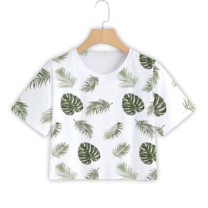 Women's <b>White</b> Tropical Leaf Print <b>Crop</b> <b>Top</b> Short Sleeve O-Neck Loose Fit Casual Summer T-Shirt 100% Cotton Jersey - Product Image 6