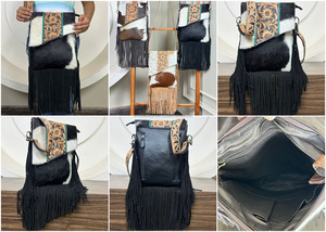 กระเป๋าหนังวัวแท้แบบตะวันตกสำหรับผู้หญิงกระเป๋าพาดลำตัวประดับพู่ประดับหนังวัวแกะสลัก - Product Image 3