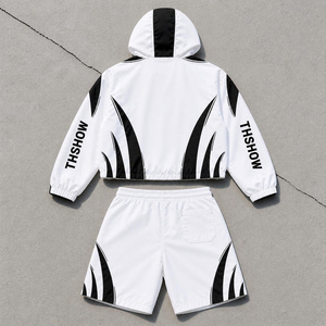 THSHOW Men's Summer Nylon Tracksuit Set Hooded Jacket & Shorts Streetwear Quick Dry Polyester Sportswear White <b>Black</b> Print - Product Image 2