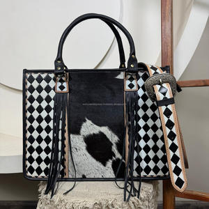 High Quality Hand Tooled Checkered Cow Leather Tote Bag & Fashionable <b>Round</b> Bag With Luxury Designer Wallets 3 Piece Combo Sets - Product Image 4