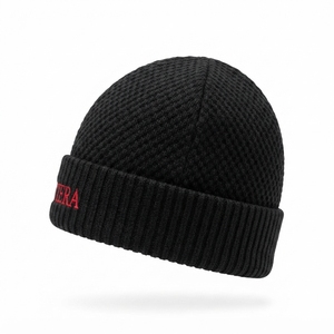 Bonnet en tricot côtelé noir avec revers, chaud pour l'hiver, avec logo brodé personnalisé - Product Image 2