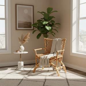 Silla de Comedor de Ratán Natural, Hecha a Mano, Patas de Madera Resistentes, Ecológica, Contemporánea, Moderna, con Cuero PU Personalizable - Product Image 5