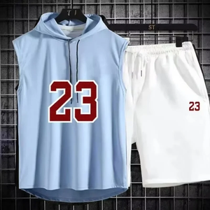 Nouvel ensemble sportif deux pièces été pour homme et femme : T-shirt sans manches à capuche + short de sport, idéal pour la gym et le style décontracté - Product Image 5