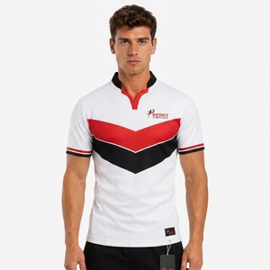 Camiseta de Rugby de Manga Corta para Hombre 2026, Blanca, Roja y Negra, con Bloques de Color, Cuello en V, Absorbe la Humedad, Ajustada, Ropa Deportiva - Product Image 1