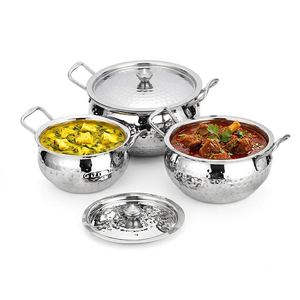 Ensemble de casseroles en acier inoxydable martelé avec couvercles et poignées, vaisselle de restaurant indien, vente en gros - Product Image 6