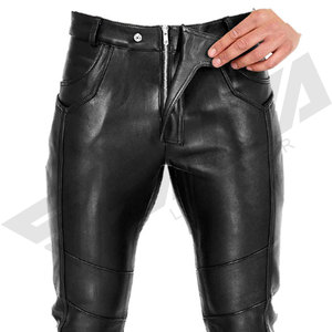 Men's Black Leather Waterproof Midweight Moto Pants Mid Waist Drawstring Fly Straight Fit <b>Winter</b> Casual Side Pockets High - Product Image 5