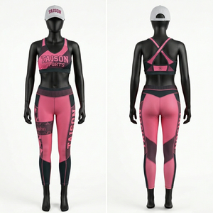 Conjunto deportivo para mujer, leggings de poliéster y spandex GSM y sujetador deportivo, paneles en contraste verde neón, logotipo sublimado que absorbe la humedad - Product Image 5