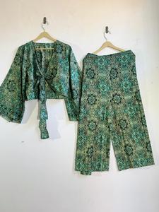 Ensemble bohème 2 pièces pour femme : haut court en mousseline florale avec ceinture et short large coupe ample – Tenue décontractée printemps-été - Product Image 2