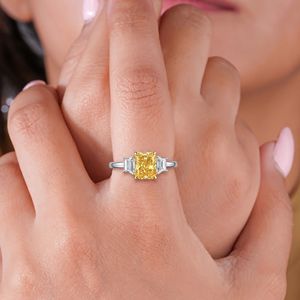 Radiant Cut Yellow Diamond Unique <b>Ring</b>, Three Stone Engagement <b>Ring</b> Trapezoid Diamond Side Stone Solid Gold <b>Plain</b> Band <b>Ring</b> - Product Image 1