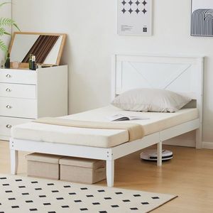 Solid Wood Twin Size Platform Bed Frame with White Headboard Premium Wooden Beds - Product Image 5
