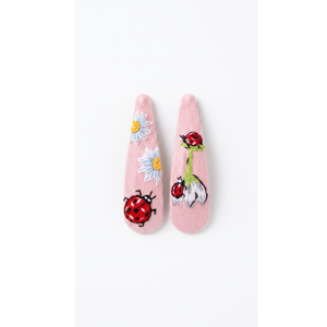 Épingles à cheveux élégantes en tissu rose brodé de motifs floraux et de coccinelles pour filles, pour les fêtes et les enfants - Product Image 1