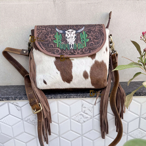 Sac fourre-tout en cuir véritable à franges, motif western, sculpté à la main, style bohème vintage, fait main, en cuir de cheval, multi-usages - Product Image 1
