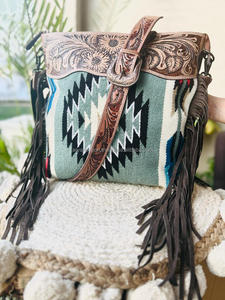 Cowgirl Handcrafted Saddle Blanket Genuine Leather Fringe Shoulder <b>Handbag</b> & Stylish Tooled Cowhide Wallet Combo Set for Women's - Product Image 3