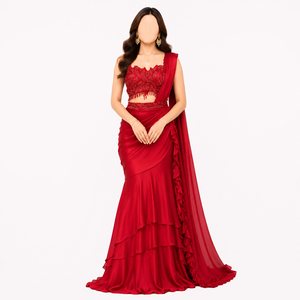 Ensemble de sari sirène élégant en satin et dentelle rouge, deux pièces avec dupatta, pour femme, toutes saisons, tenue ethnique, mariage, fête, séchage rapide - Product Image 1
