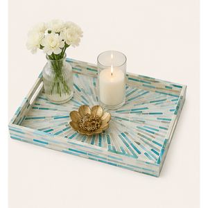 Plateau de service rectangulaire de luxe en nacre incrustée, mosaïque turquoise géométrique, pour centre de table basse - Vente en gros - Product Image 1
