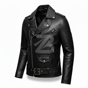Chaqueta de Motociclista de Cuero Genuino para Hombre, al por Mayor, OEM, Negra, con Cierre Asimétrico y Cinturón, Estilo Biker - Product Image 1
