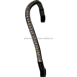 Bande de front de cheval en cuir noir véritable de qualité exportatrice décorée de 5 rangées de cristaux multicolores strass chaîne diamante bling - Product Image 5
