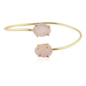 Natural rose quartz raw gemstone 18k gold plated <b>adjustable</b> cuff <b>bracelet</b> handcrafted open bangle brass metal statement jewelry - Product Image 1