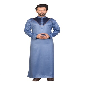 <b>Men's</b> Blue Long Sleeve Floor Length Round Neck Casual <b>Thobe</b> Modest Middle East Prayer Wear Regular Fit Solid Color Ramadan - Product Image 3