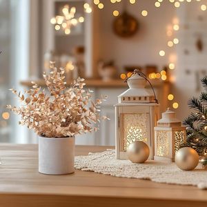 Set di 2 Piante Artificiali di Eucalipto Dorato, Piccole Decorazioni Natalizie in Vaso per Mensole, Scrivanie, Casa, Fattoria, Stanza, Caffetteria - Product Image 3