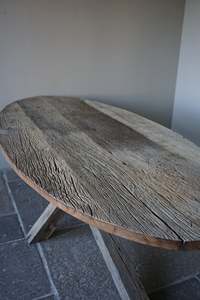 Rustic Wooden Dining <b>Table</b> Round Handmade <b>Reclaimed</b> Timber Antique Style Farmhouse Furniture Natural Wood Top X-Leg Base - Product Image 2