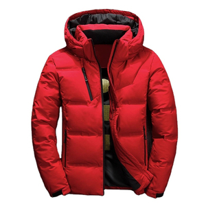 Unisex <b>Red</b> <b>Hooded</b> Puffer <b>Jacket</b> Solid Color Windproof Zipper Closure Casual Winter Outerwear Standard Polyester Coated Stand - Product Image 1