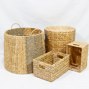 Eco-Friendly Handmade Water Hyacinth <b>Storage</b> Baskets Mix Shape Handle <b>Stackable</b> Multi-Purpose Rustic Style Organizing <b>Containers</b> - Product Image 1