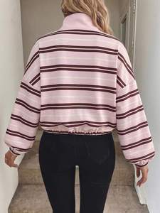 Custom Logo Women Sweatshirts Full Zip Striped Oversized Drop Shoulder Fleece Bomber <b>Jacket</b> Casual Streetwear Hoodies Wholesale - Product Image 4